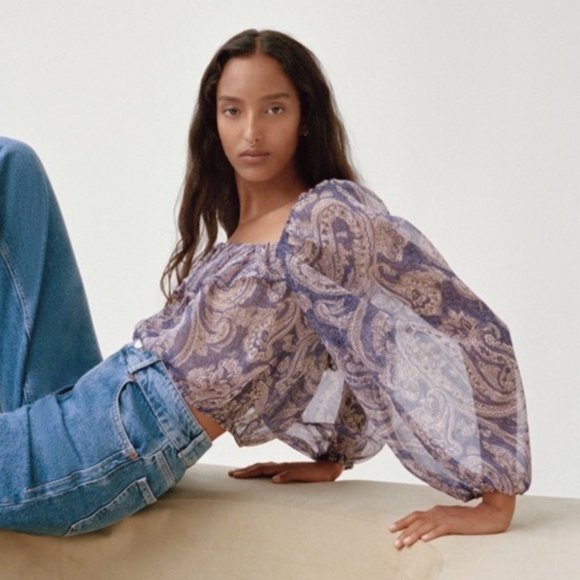 ZARA Purple NWT Cropped Sheer Blouse Top LARGE Boho Indie Floral Mauve Ruffle - Picture 1 of 9